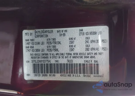 2000 Dodge Dakota Slt/Sport z USA, uszkodzony, nr VIN 1B7GL22N9YS577541